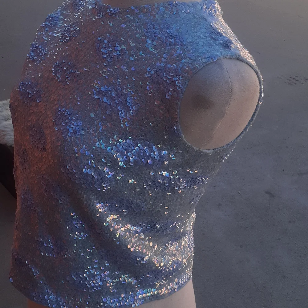 VTG 60s Hand Beaded Blue Sequin Wool Party Evening blouse sleeveless Top S M - Picture 4 of 14